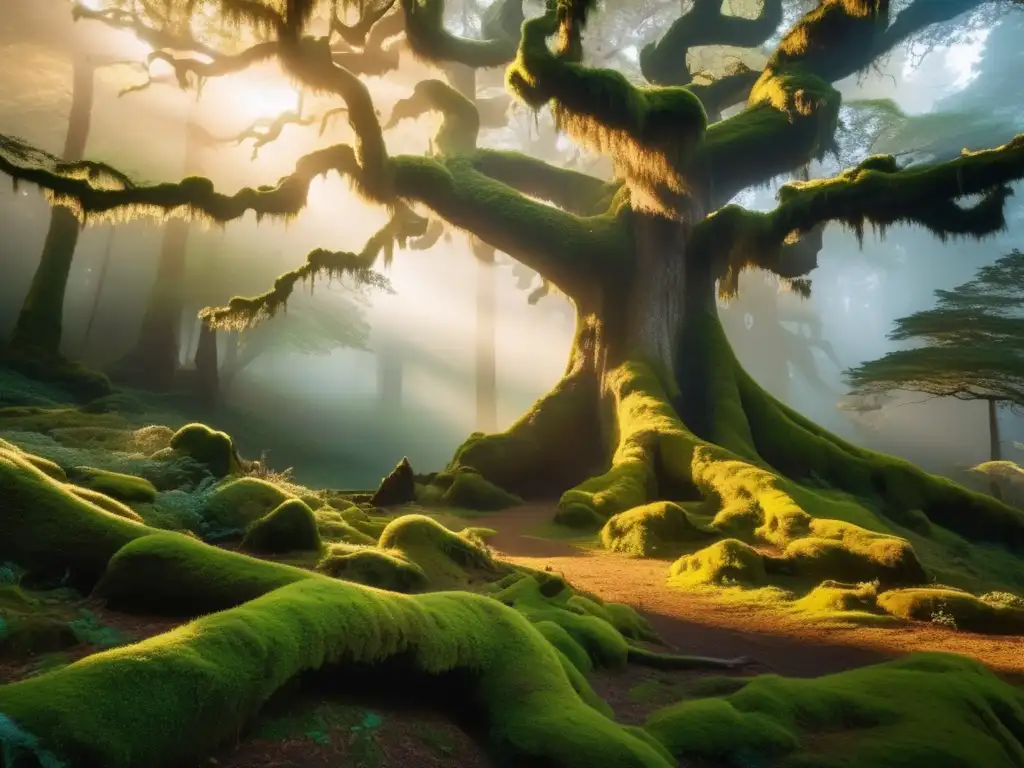 Misty forest with towering ancient trees, a giant figure, and mischievous trolls - Diferencias entre trolls y gigantes en mitología europea