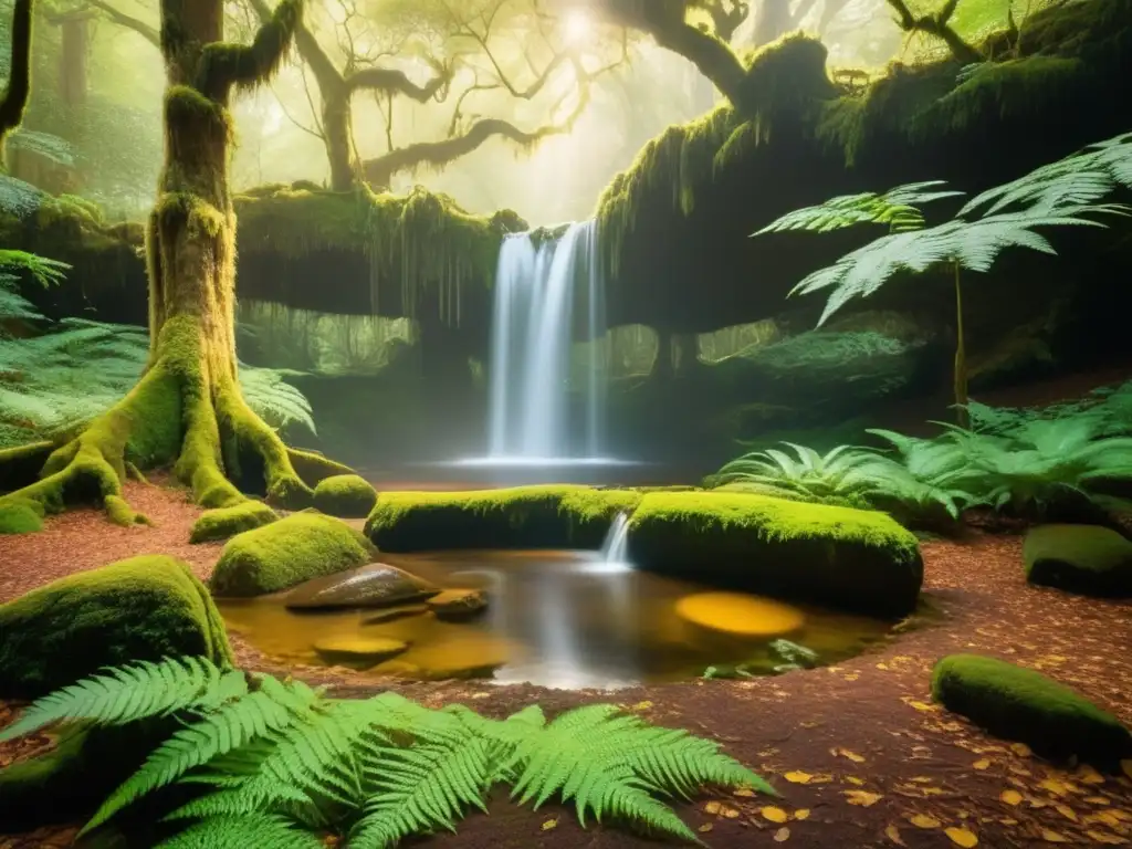 Bosque mágico: Fuente de Barenton en Brocéliande, rodeada de árboles antiguos, musgo y flores silvestres