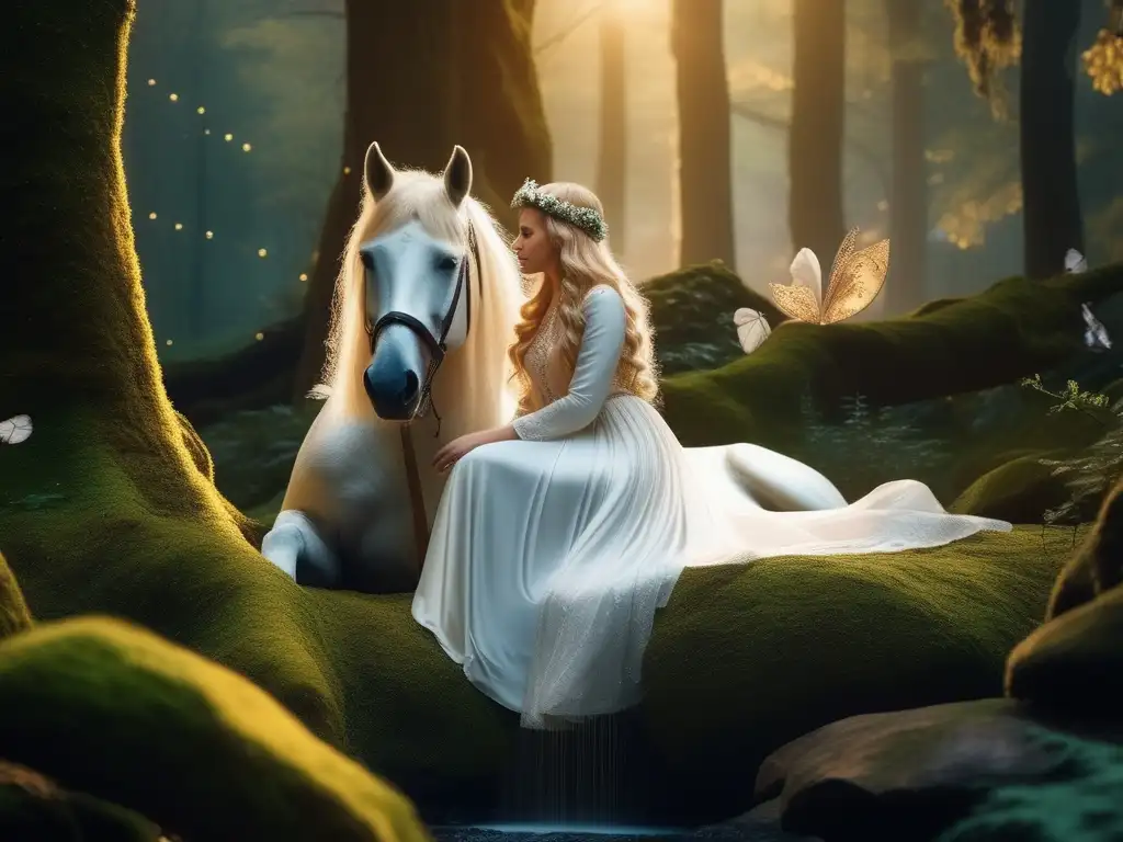 Niña rodeada de criaturas mágicas en bosque La magia de las mascotas míticas en cuentos: niña con unicornio y dragón en un bosque encantado
