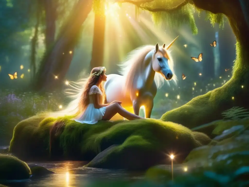 Niña en bosque místico con unicornio, reflejo de criaturas míticas en literatura infantil