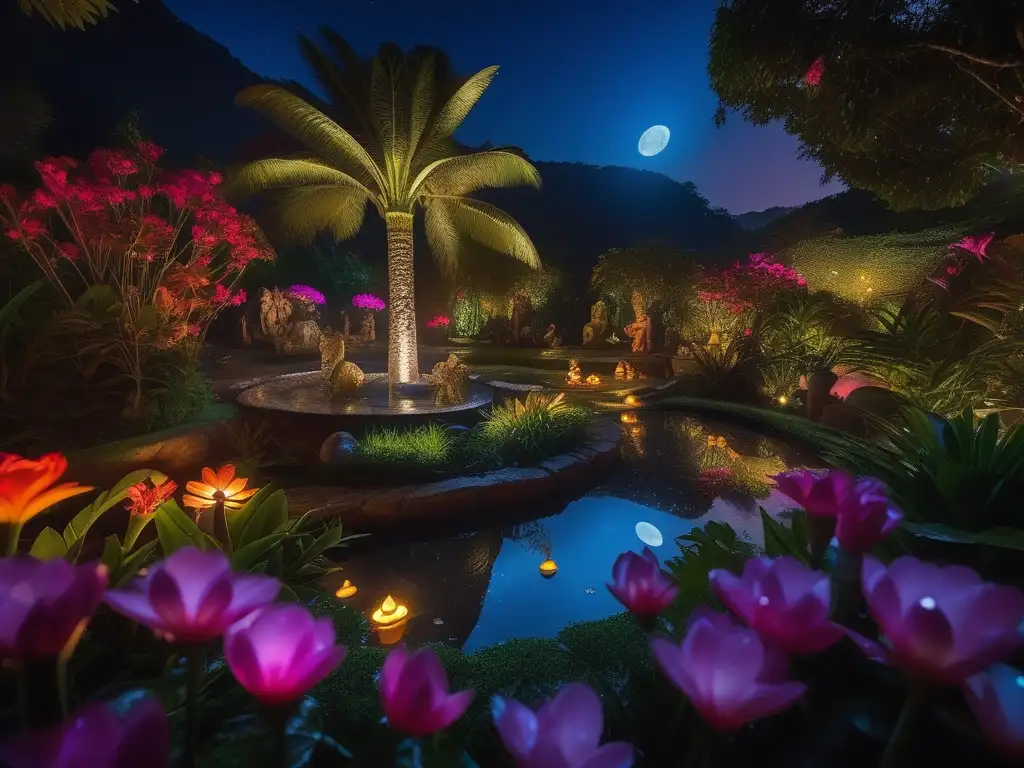 Jardín mágico en Xanadú con criaturas mitológicas y colores vibrantes