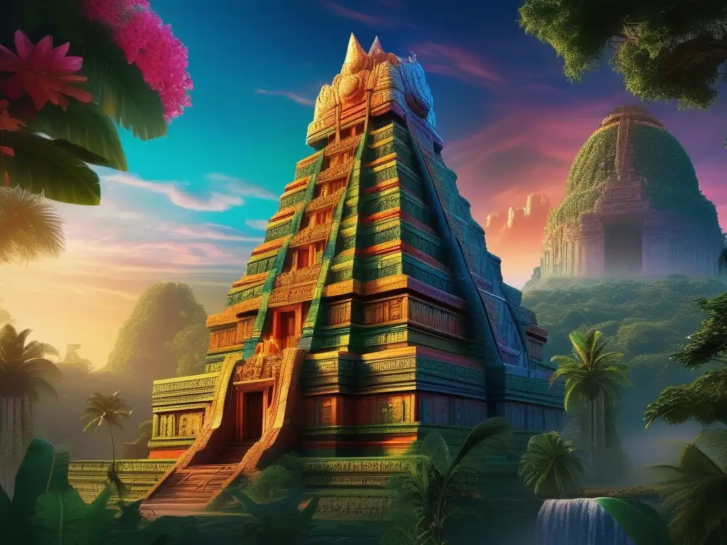 Majestuoso templo y seres divinos en paisaje mesoamericano Dioses Animales híbridos mitología mesoamericana