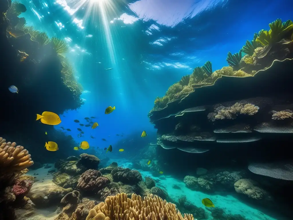 Criaturas mitológicas de las Islas Marianas, belleza y misterio del océano con coral, peces y espíritus encantadores