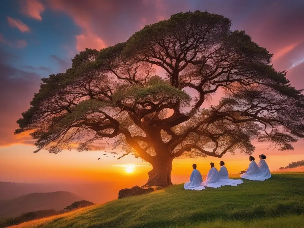 Tradiciones y rituales mitológicos: Grupos en un atardecer vibrante, frente a un árbol antiguo decorado con cintas, plumas y campanas de viento