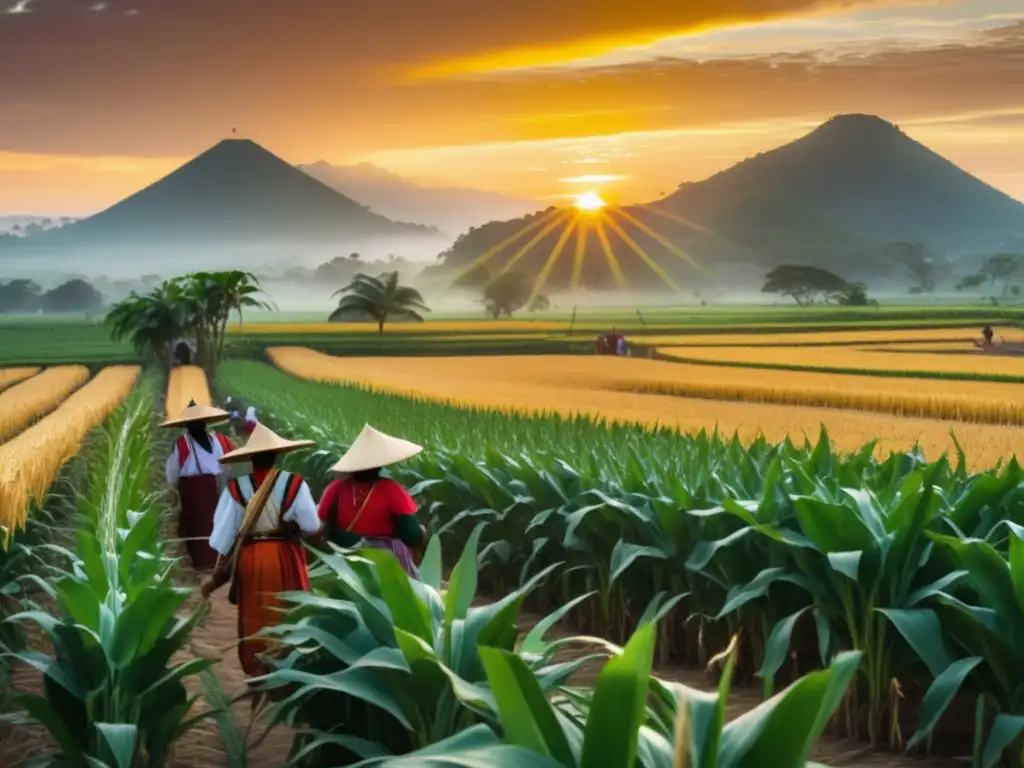 Paisaje Mesoamericano al atardecer con agricultores celebrando el ciclo agrícola y honrando a los dioses del maíz - Mitología de los Dioses del Maíz