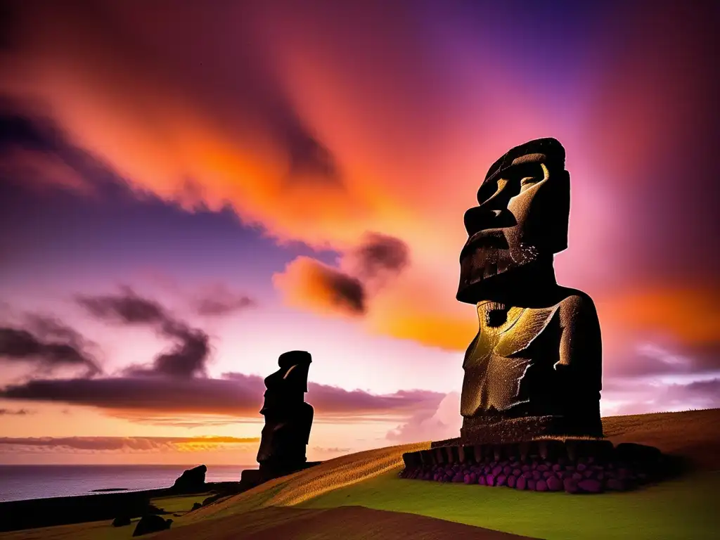 Paisaje místico en Isla de Pascua con Moai y criaturas míticas