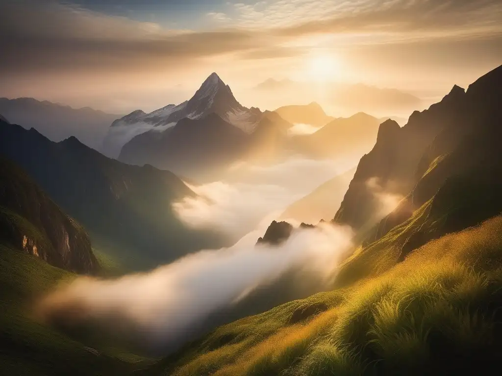 Majestuosa montaña envuelta en neblina y bañada en suave luz dorada