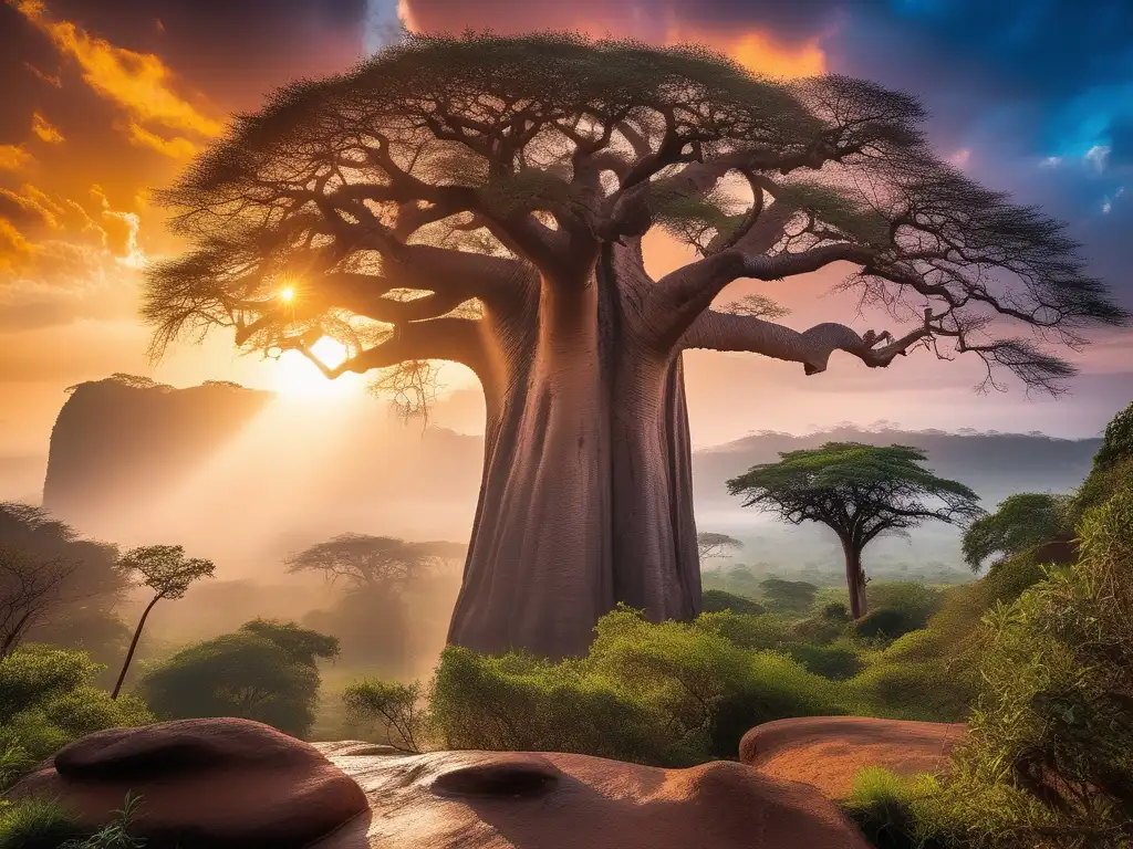 Criaturas ancestrales mitológicas africanas en un paisaje exuberante con una majestuosa cascada y un Baobab centenario