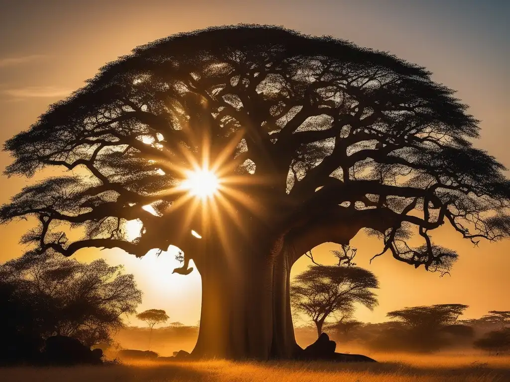 Espíritus naturaleza África: Interpretación mística de un paisaje etéreo con árbol Baobab y elementos naturales