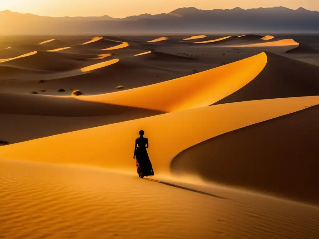 Monstruos del desierto en África: Imagen etérea de vasto desierto africano con dunas doradas, figura solitaria y misterio