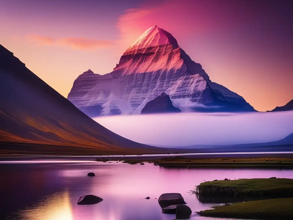 Misterios del monte Kailash: Morada divina o leyenda? - Imagen del majestuoso monte Kailash en la neblina dorada, reflejado en un lago tranquilo