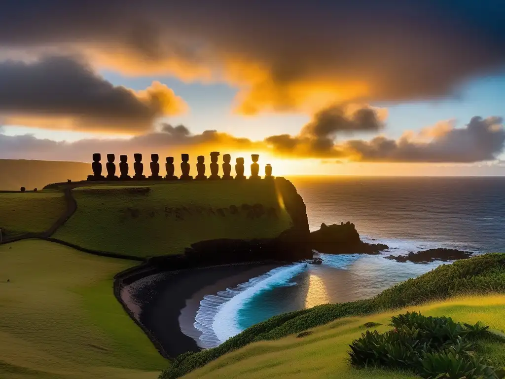 Criaturas míticas de la Isla de Pascua emergen en un paisaje de amanecer místico, con los icónicos Moai y la belleza natural de la isla