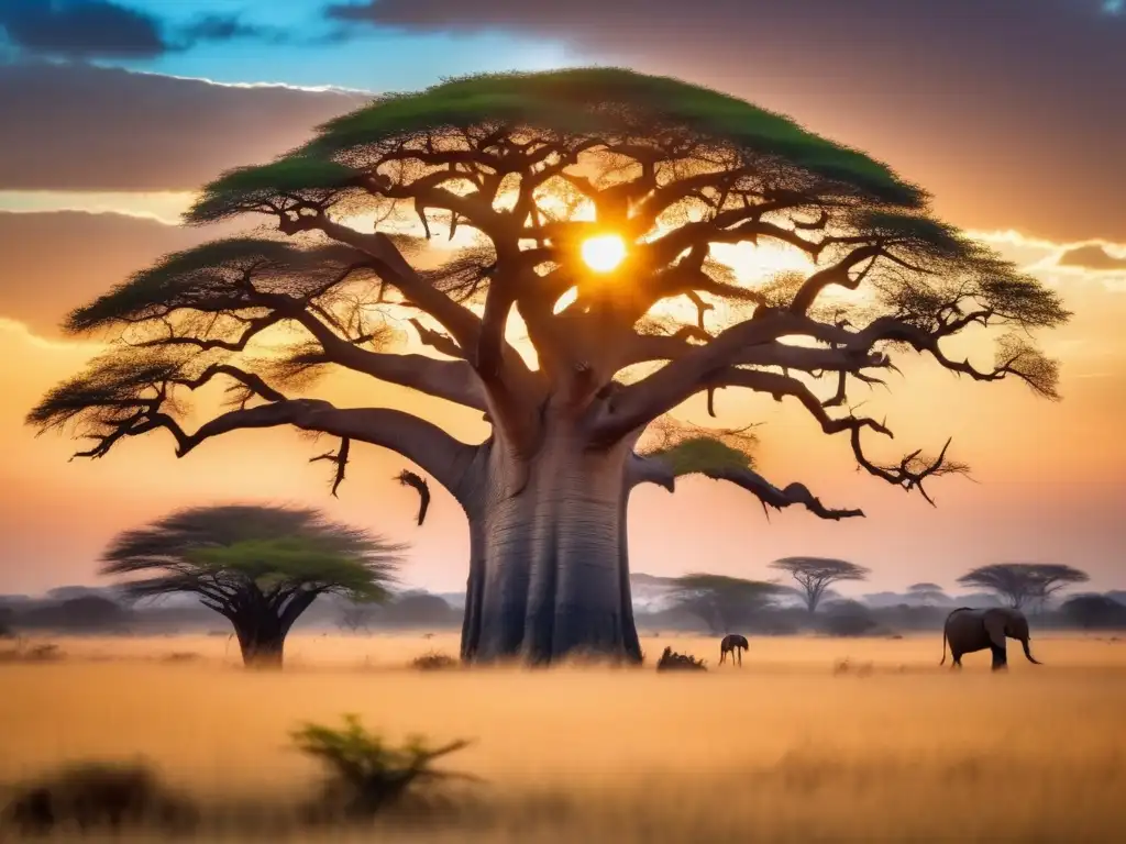 Espíritus de la Naturaleza en África - Imagen de la majestuosa sabana africana al atardecer, con un árbol baobab y seres etéreos danzando