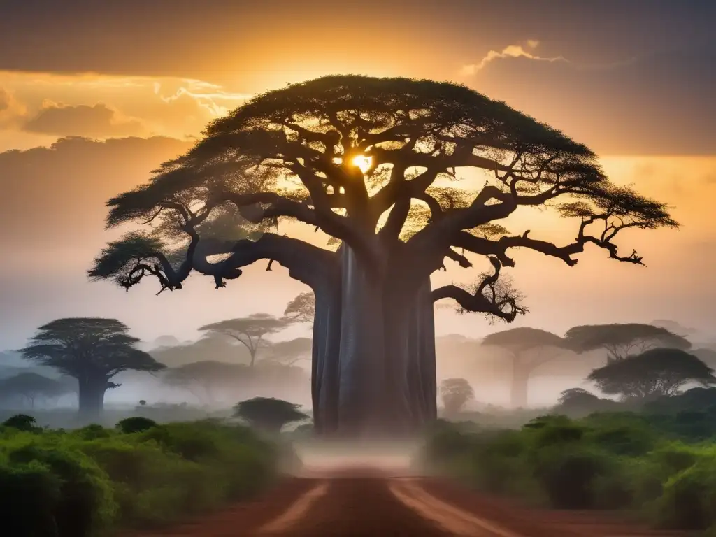 Espíritus de la Naturaleza Africanos en un deslumbrante bosque tropical con un majestuoso Baobab y colores vibrantes