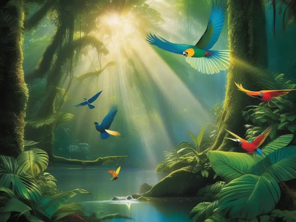 Imagen misteriosa de la exuberante selva amazónica con árboles majestuosos, luz filtrada y aves exóticas