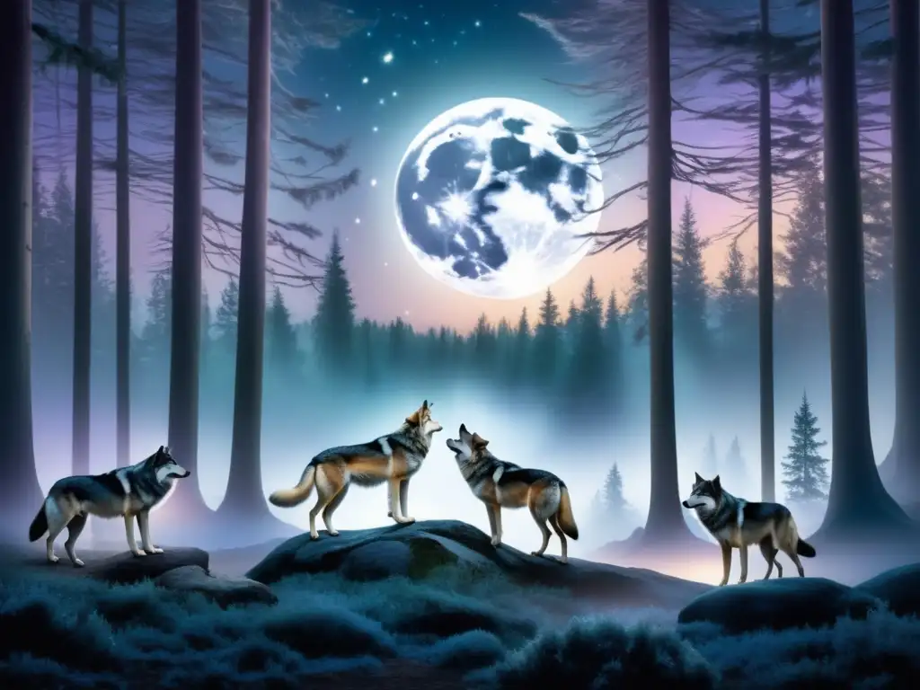 Un majestuoso bosque iluminado por la luna con lobos mitológicos, reflejando la magia del ciclo de vida