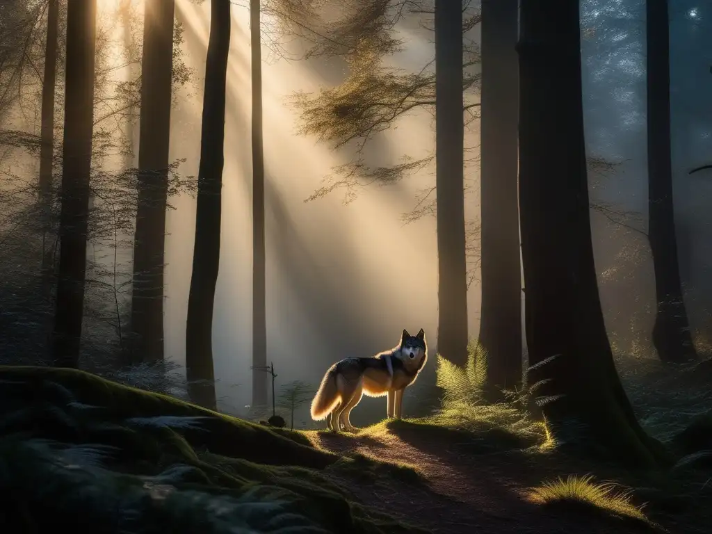 Imagen: Bosque místico al atardecer con lobo divino