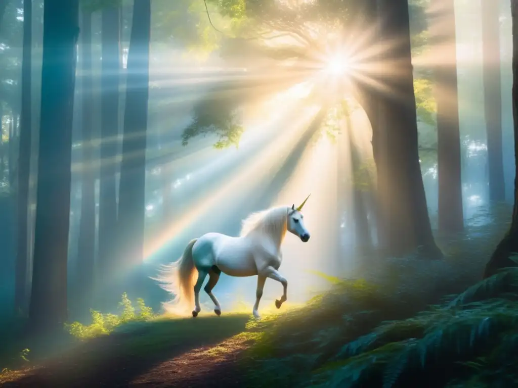 Criaturas míticas en el bosque misterioso: unicornio, grifo, fénix, centauro