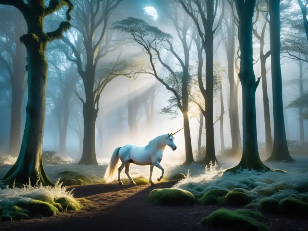 Bosque misterioso iluminado por la luna, con árboles majestuosos, unicornio y aura mágica