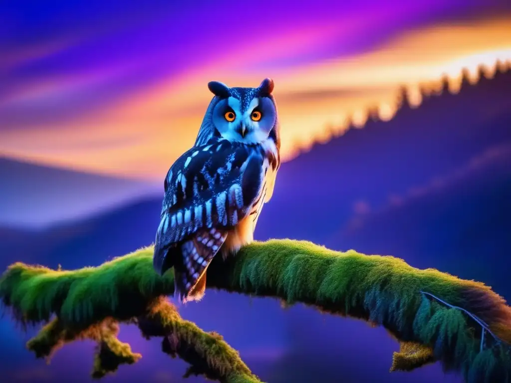 Majestuoso búho posado en rama Tatuajes de Búhos: Significado y simbolismo - Escena cautivadora con un majestuoso búho en un árbol cubierto de musgo, contra un atardecer vibrante