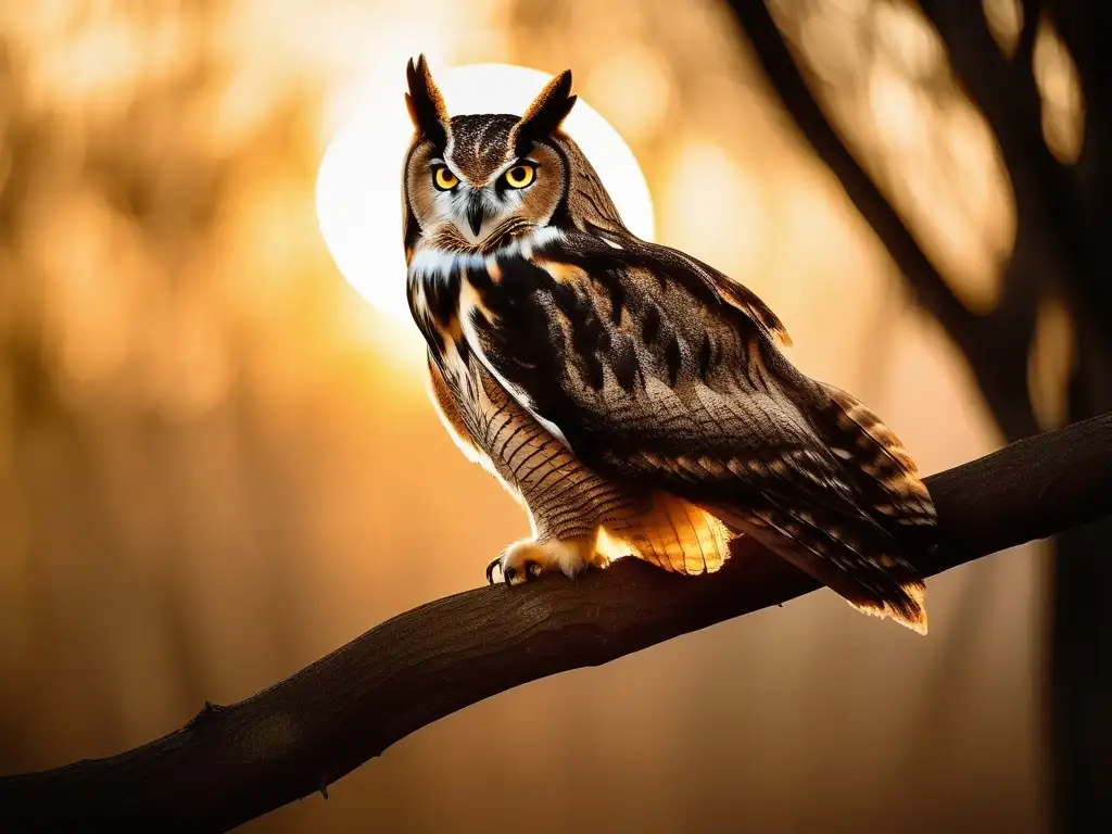 Majestuoso búho nocturno en árbol Tatuajes de Búhos: Significado y simbolismo - Imagen mística de un búho en rama al atardecer, con alas majestuosas y aura de sabiduría