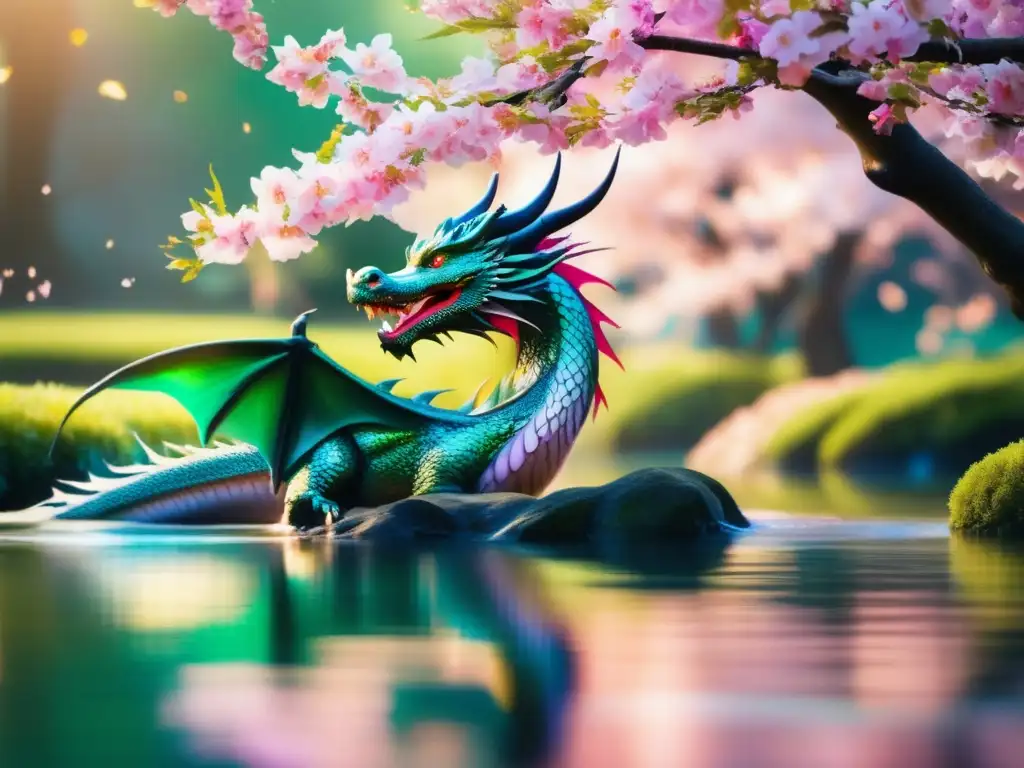 Un majestuoso dragón emerge de un tranquilo estanque rodeado de pétalos de cerezo rosa, reflejando la luz del sol entre árboles de sauce