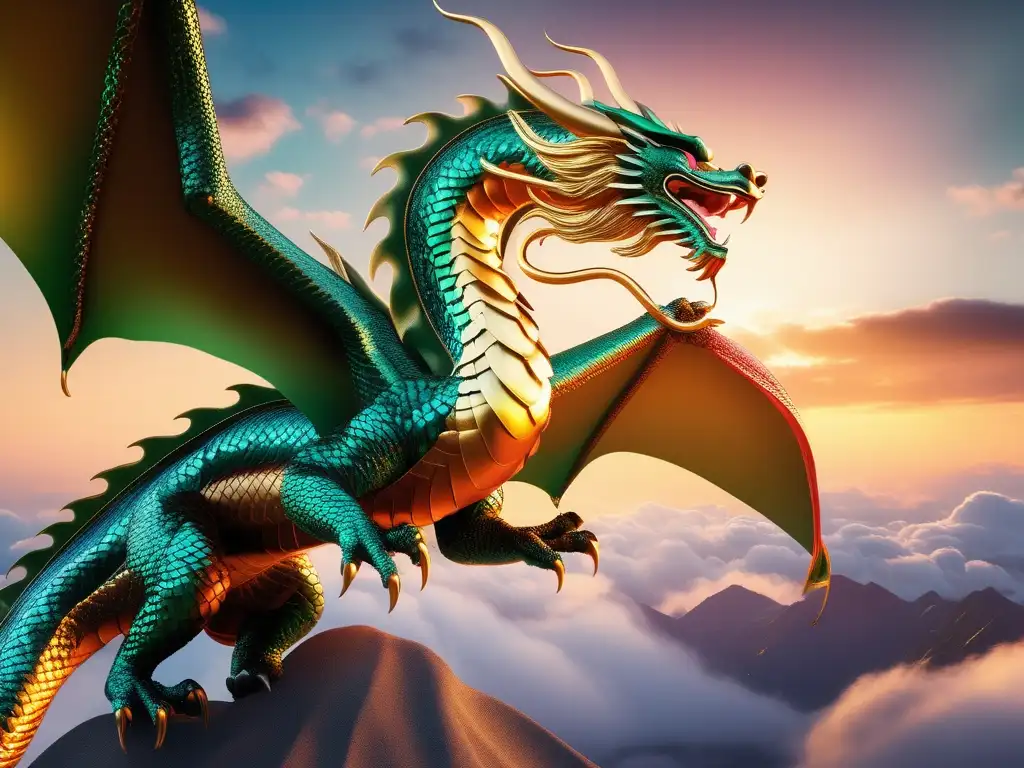 Un majestuoso dragón japonés en un cielo vibrante, con escamas doradas, rojas y verdes