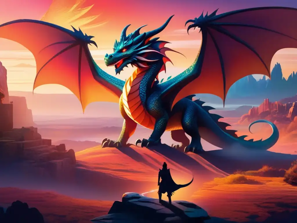 Mitología Anglosajona: Dragones míticos en paisaje místico con ruinas antiguas, un majestuoso dragón emerge, sus escamas brillan en colores vibrantes