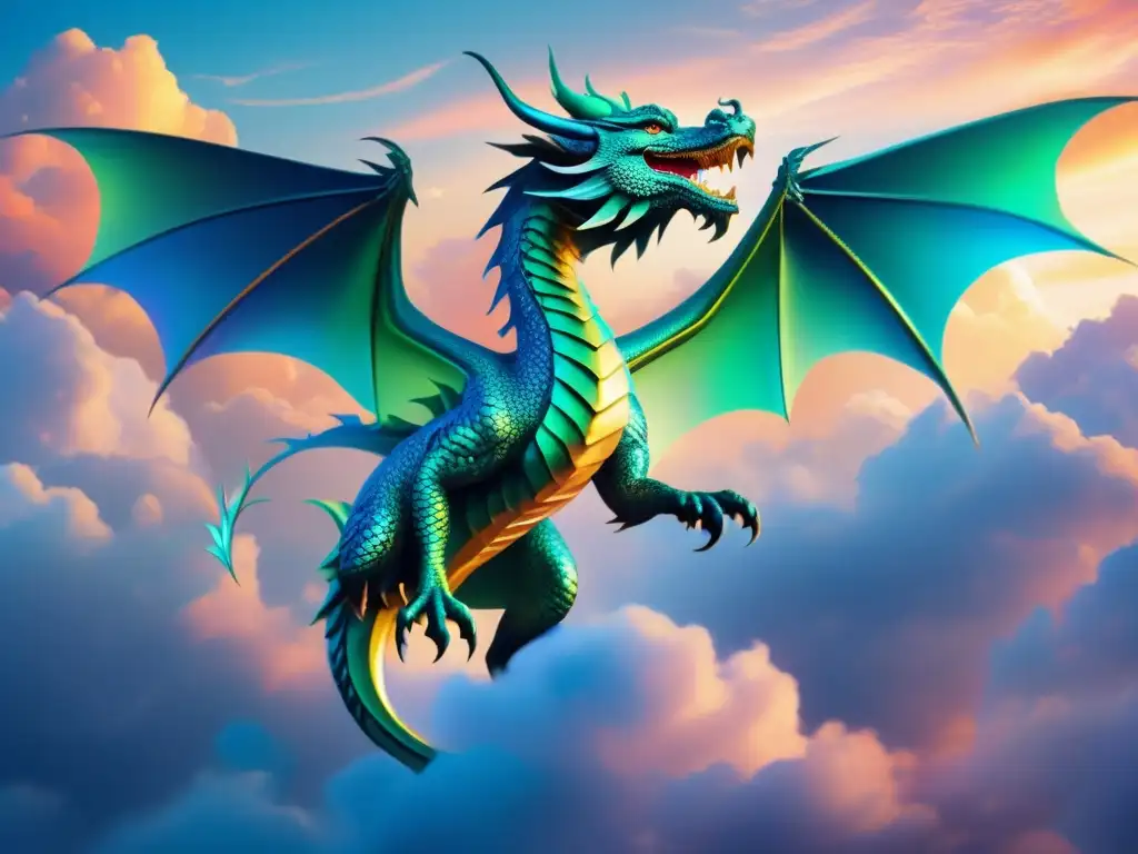 Majestuoso dragón oriental en un cielo vibrante - Evolución dragones imaginario oriental