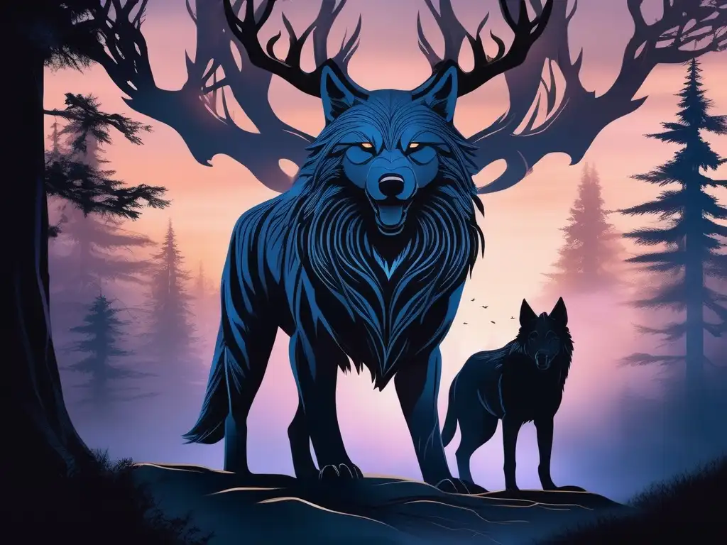 Fenrir, criatura mítica de la mitología nórdica, en un escenario etéreo y misterioso