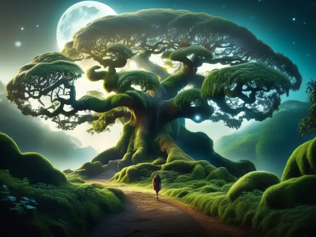 Diferencias trolls y gigantes mitología europea: bosque místico, árboles ancestrales, criatura majestuosa, atmósfera onírica