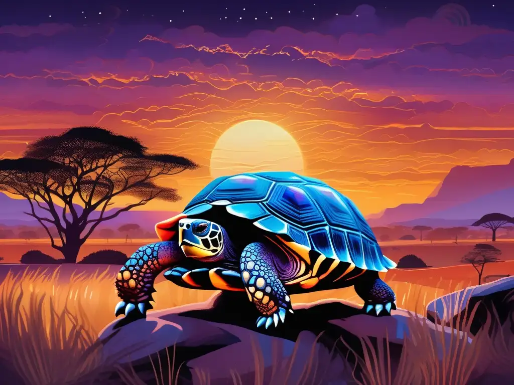 Paisaje africano místico al atardecer con tortuga divina de mitología enigmática