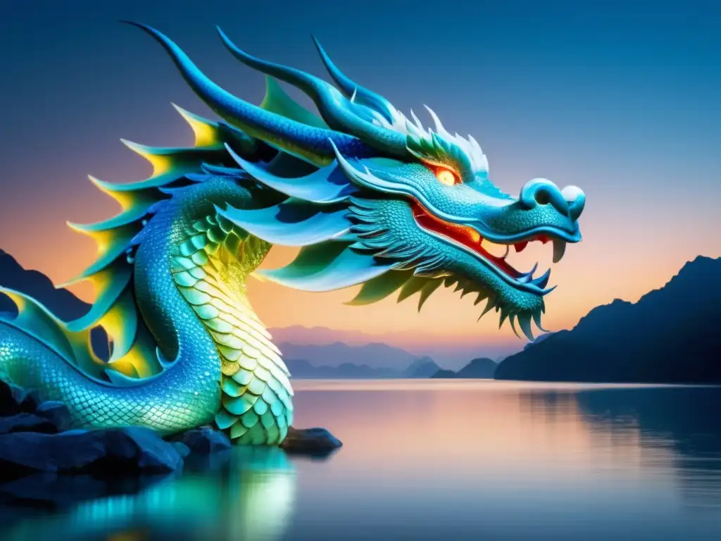 Majestuoso dragón de agua en la mitología china emerge del lago, sus escamas iridiscentes brillan bajo la luna