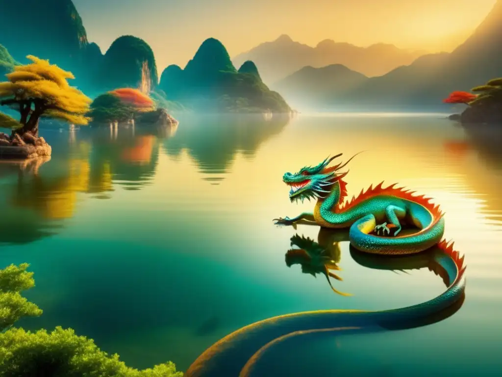 Escena mística: Jiaolong, dragón de agua en mitología china, emerge de lago sereno con lirios y lotos