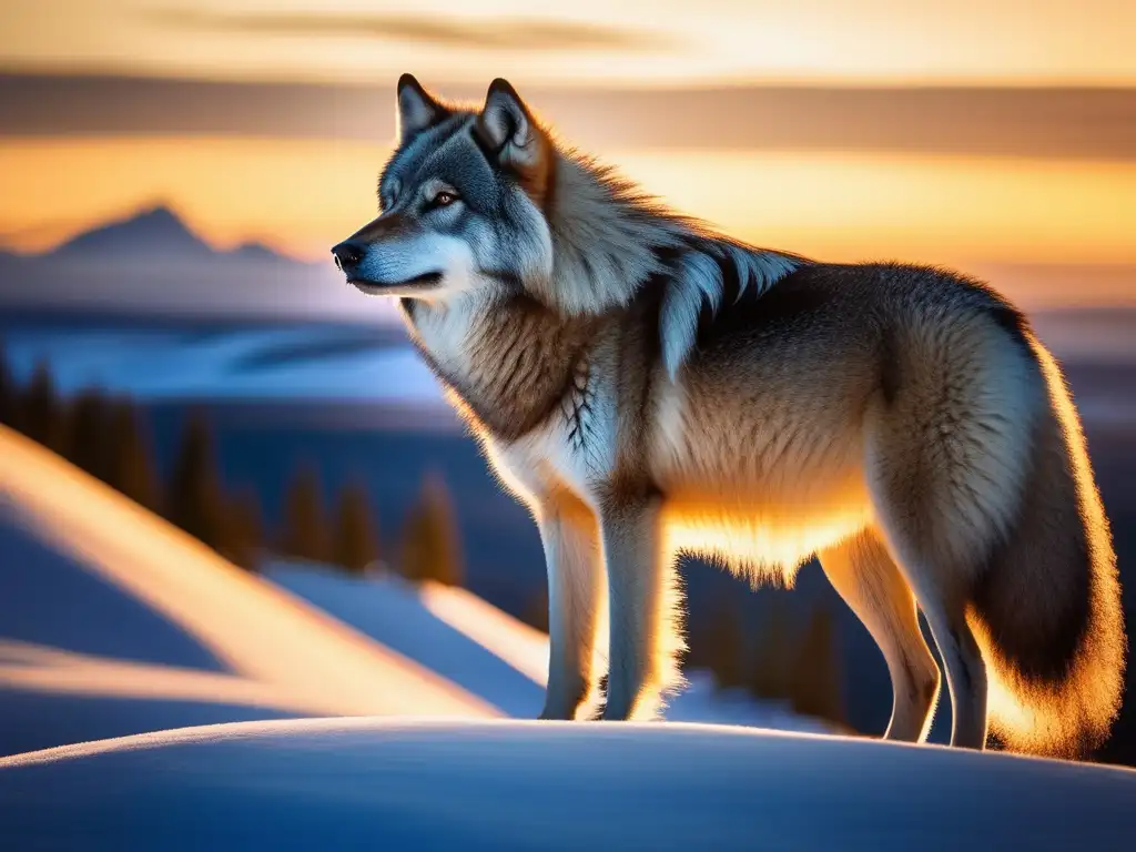 Lobo mitología mongola batalla - Majestuoso lobo mongol en la cima nevada, bañado por el sol al atardecer