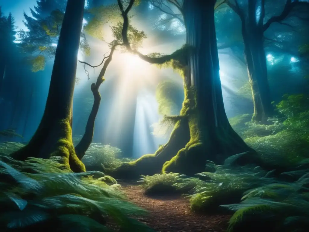Bosque encantado con lobo plateado Historia tatuajes licántropos hombres lobo en misterioso bosque iluminado por la luna