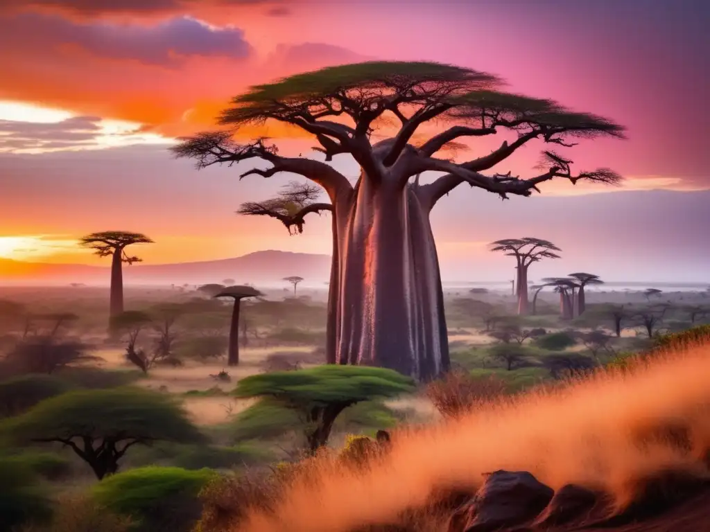 Paisaje africano al atardecer con espíritus de la naturaleza en la creación africana