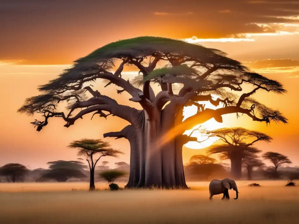 Paisaje mágico al atardecer con baobab y guardianes secretos de la mitología africana