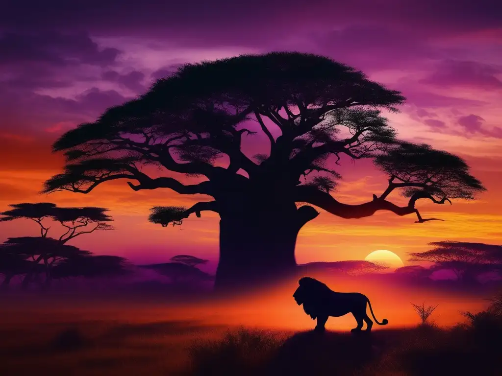 Paisaje africano al atardecer con baobabs, león majestuoso y río brillante