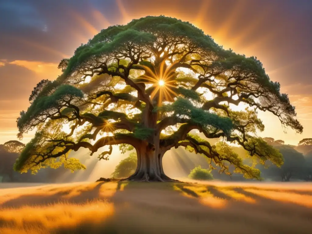 Bendiciones mitológicas poderosas en paisaje mágico con árbol antiguo, hadas danzando y cascada brillante