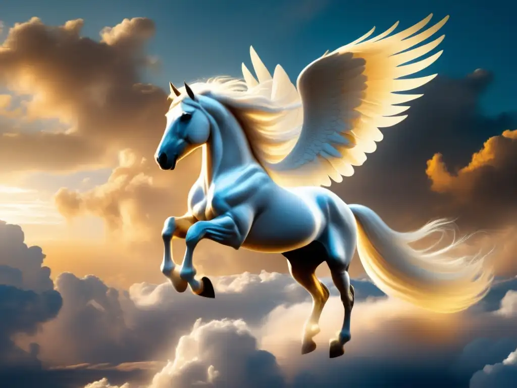 Pegaso, criatura mitológica voladora, deslumbra en los cielos con su belleza y majestuosidad