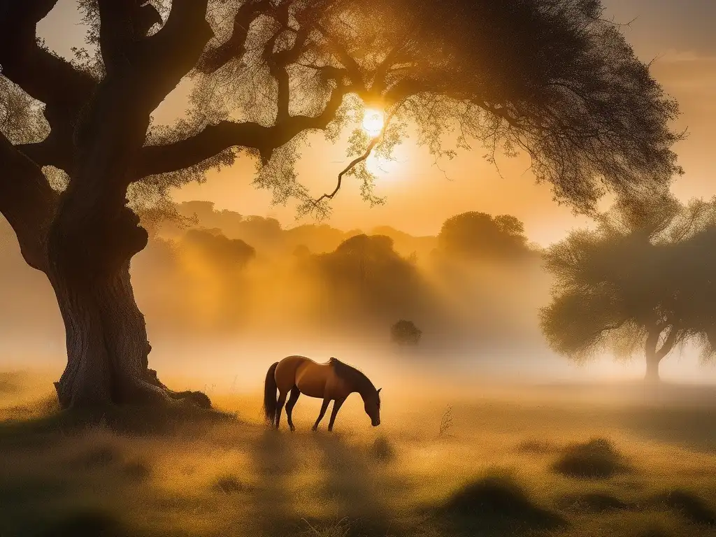 Origen mitológico de Pegaso: paisaje místico con el majestuoso caballo alado en una pradera verdosa al atardecer dorado