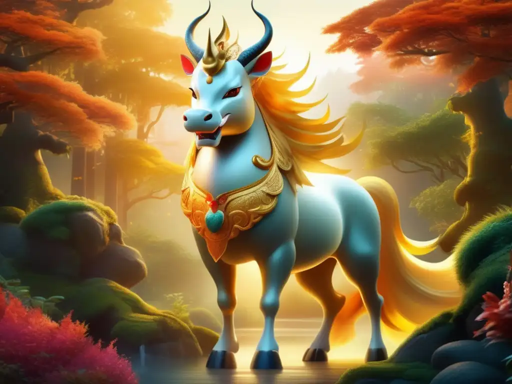 Qilin: majestuosa criatura mítica de la mitología asiática en un bosque místico y etéreo