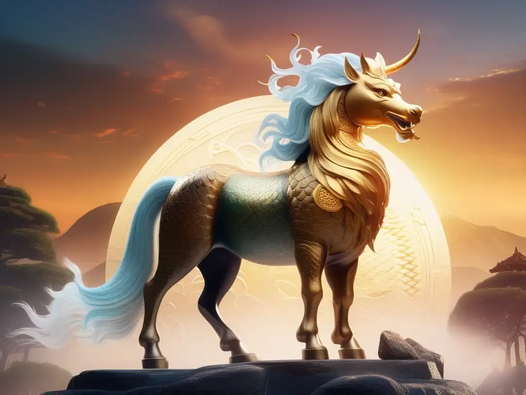 Criaturas mitológicas chinas: Qilin, el unicornio oriental en un paisaje místico