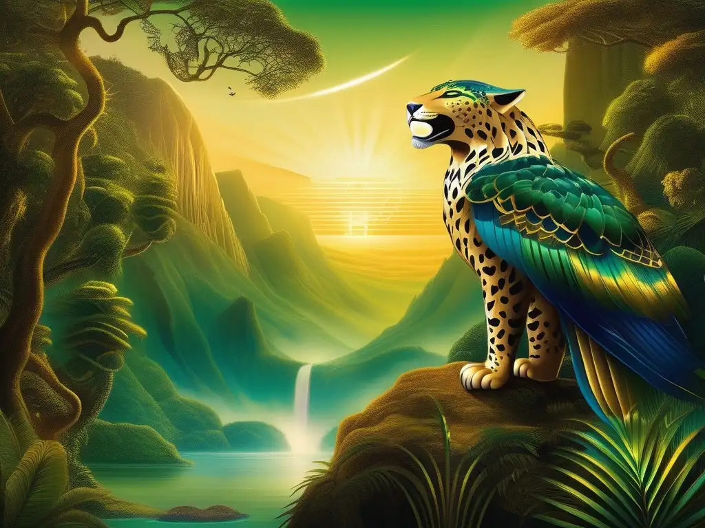 Quetzalcóatl, deidad mística en paisaje celeste Dioses Animales híbridos mitología mesoamericana
