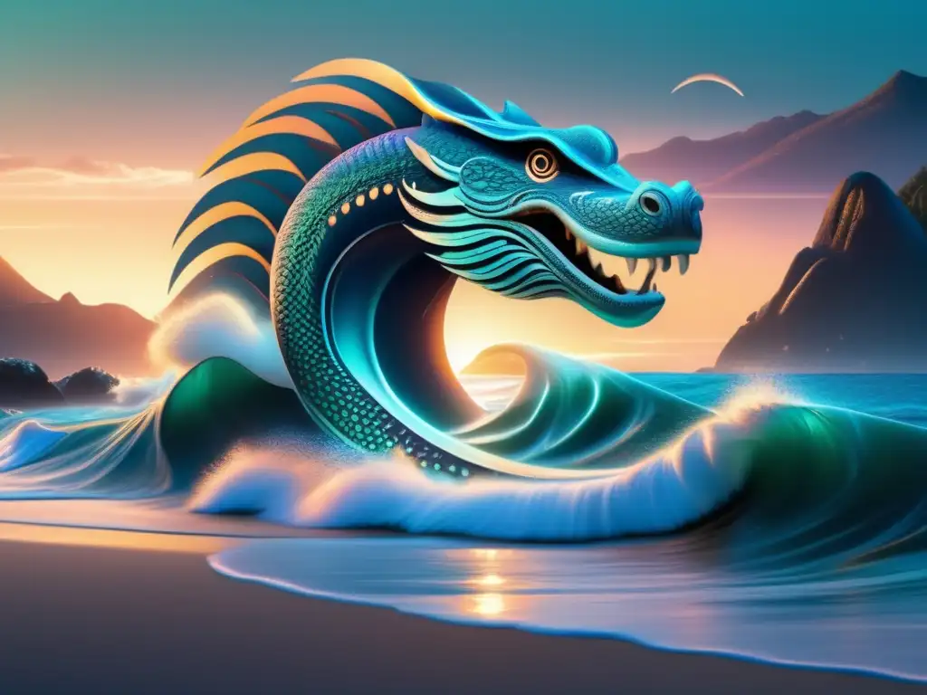 Taniwha marino en mítica escena costera al atardecer-