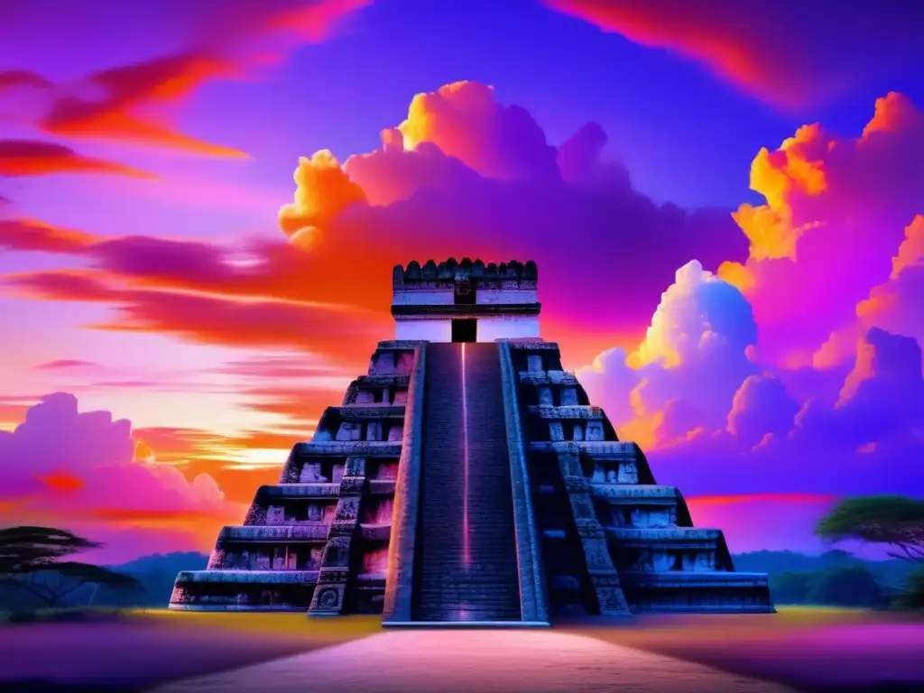 Historia de Itzamná en Maya: Templo maya al atardecer, misterio y esplendor en la civilización maya