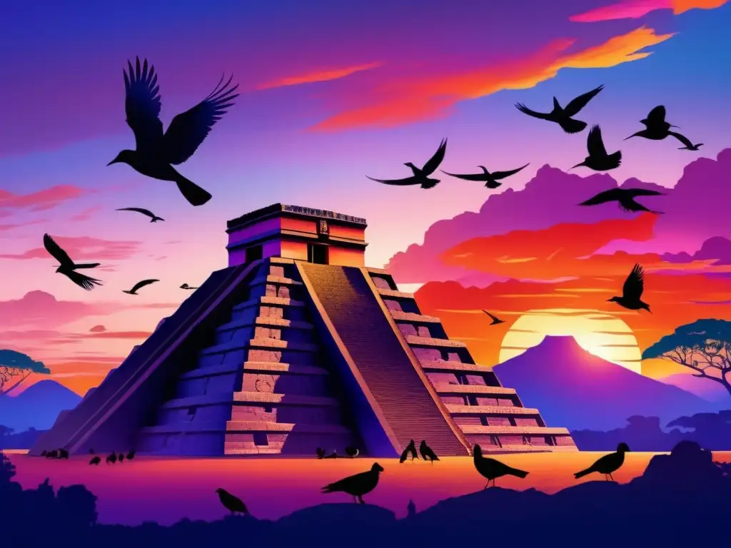 Templo Mesoamericano al atardecer: Dioses pájaro Mesoamérica mitología divinos