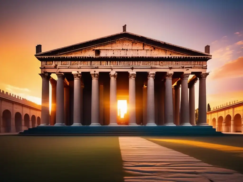 Templo romano majestuoso en la puesta de sol Culto al Sol Invicto en Roma: Templo romano majestuoso, con detalles arquitectónicos y columnas imponentes, bañado en luz dorada del atardecer