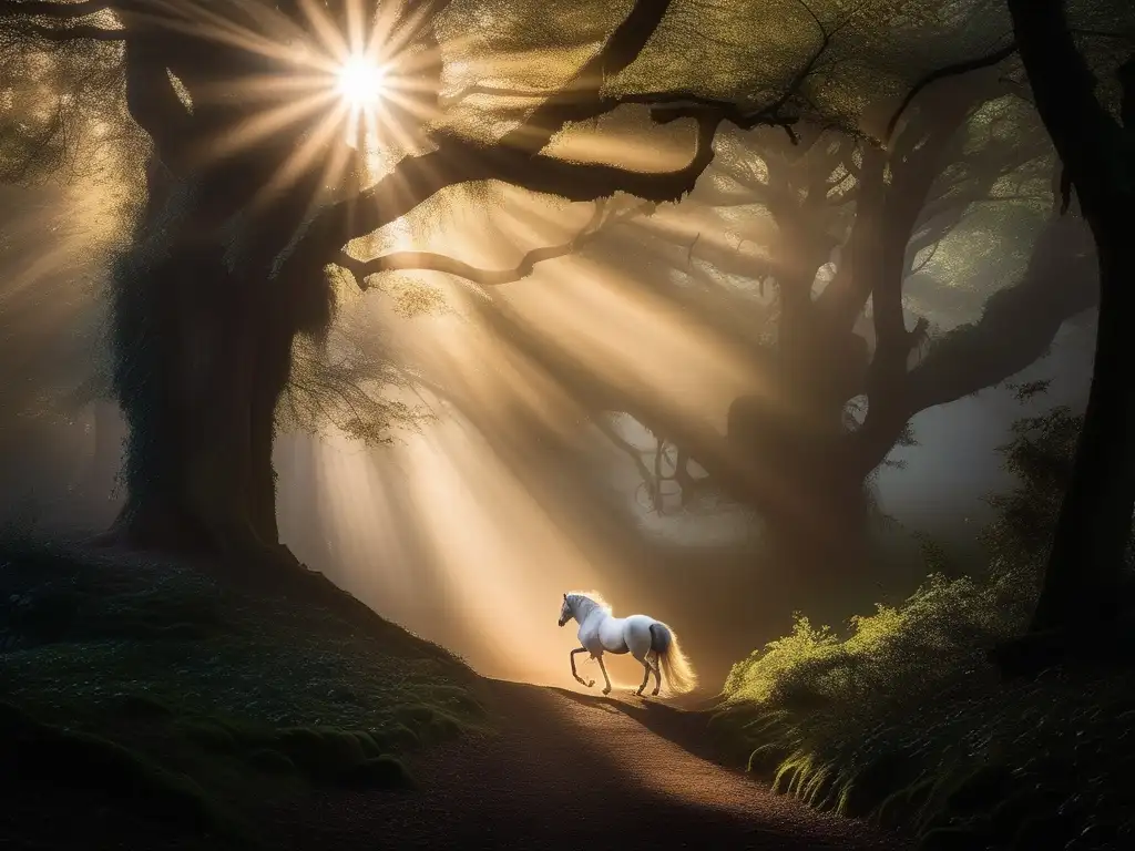 Bosque místico al amanecer con criatura mitológica - Influencia de las mascotas mitológicas